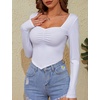 image:imageMicoson Womens Long Sleeve Sweetheart Neck Crop Top Ribbed Knit Fitted Low Cut Tops Cleavage Sexy Ruched Fall Tee Shirts