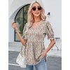 image:imageMicoson Womens Summer Puff Short Sleeve Tunic Tops Pleated V Neck T Shirts Casual Loose Fit Peplum Blouse