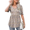 image:imageMicoson Womens Summer Puff Short Sleeve Tunic Tops Pleated V Neck T Shirts Casual Loose Fit Peplum Blouse