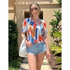 image:imageMicoson Womens Unique V Neck Tops Casual Puff Sleeve TShirt Summer Cute Tunic Bloluse Colorful Printed M