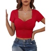 image:imageMicoson Womens Sexy Square Neck Crop Top Short Sleeve Sweetheart Neck Pleated Cute Summer Basic T Shirts Tee Red M