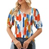 image:imageMicoson Womens Unique V Neck Tops Casual Puff Sleeve TShirt Summer Cute Tunic Bloluse Colorful Printed M