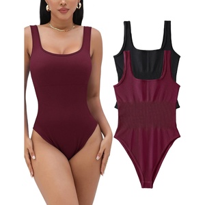 image:imageMicoson 2 Piece Bodysuit for Women Ribbed Sleeveless Tank Tops Square Neck Sexy Stretchy Bodycon Jumpsuit