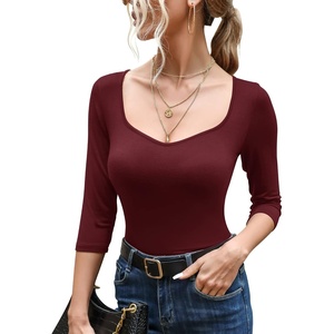 image:imageMicoson Fall Sexy Sweetheart Neck Tops for Women Casual 34 Sleeve Basic Layering Shirt Slim Fit Plain T Shirt Burgundy L