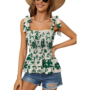 image:imageMicoson Ruffle Tank Tops for Women Summer Square Neck Sleeveless Tops Tie Shoulder Chiffon Blouse Babydoll ShirtsApricot Green Floral