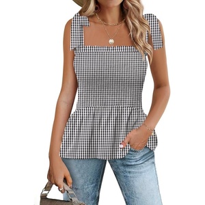 image:imageMicoson Ruffle Tank Tops for Women Summer Square Neck Sleeveless Tops Tie Shoulder Chiffon Blouse Babydoll ShirtsBlack White Plaid