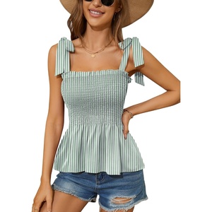 image:imageMicoson Ruffle Tank Tops for Women Summer Square Neck Sleeveless Tops Tie Shoulder Chiffon Blouse Babydoll ShirtsGreen White Stripes