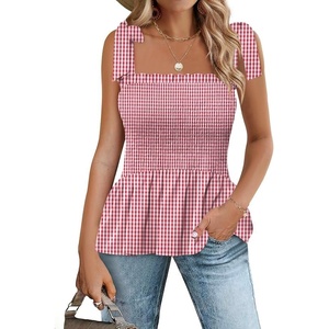 image:imageMicoson Ruffle Tank Tops for Women Summer Square Neck Sleeveless Tops Tie Shoulder Chiffon Blouse Babydoll ShirtsRed White Plaid