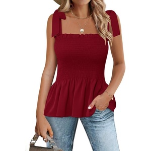image:imageMicoson Ruffle Tank Tops for Women Summer Square Neck Sleeveless Tops Tie Shoulder Chiffon Blouse Babydoll ShirtsWine Red