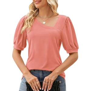 image:imageMicoson Womens 2024 Casual Puff Sleeve Shirt Flattering Asymmetrical Neck Tops Solid Fitted Tee Blouse Coral Pink L