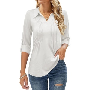 image:imageMicoson Womens 34 RollUp Sleeve Tops Collared V Neck Pleated Front Casual Loose Tunic Blouses White XL