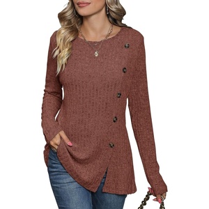 image:imageMicoson Womens Casual Crewneck Long Sleeve Tops Fashion Side Split Tunic Dressy Buttons Sweatshirts S2XL