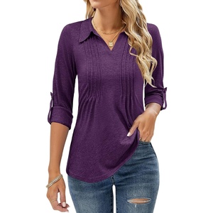 image:imageMicoson Womens Dressy V Neck Lapel Pleated Front Tops Roll Up 34 Sleeve Shirts Tunic Tops Blouses Dark Purple XL