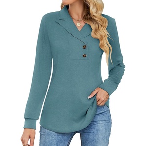 image:imageMicoson Womens Long Sleeve Button Lapel Tunic Tops V Neck Business Casual Swing Sweatshirt PulloverBlue Green
