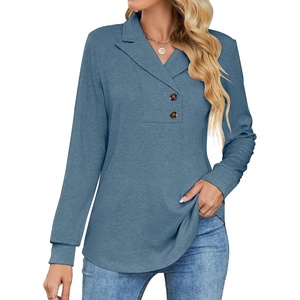 image:imageMicoson Womens Long Sleeve Button Lapel Tunic Tops V Neck Business Casual Swing Sweatshirt PulloverDenim Blue
