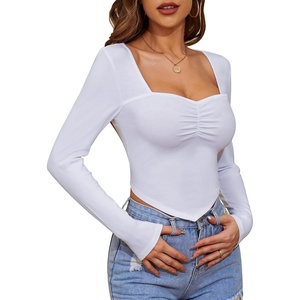 image:imageMicoson Womens Long Sleeve Sweetheart Neck Crop Top Ribbed Knit Fitted Low Cut Tops Cleavage Sexy Ruched Fall Tee Shirts