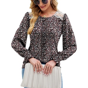 image:imageMicoson Womens Puff Long Sleeve Blouses Lace Pleated Front Shirts Fall Casual Smocked Cuff Tunics Top