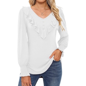 image:imageMicoson Womens Puff Long Sleeve Ruffle Blouse Fall V Neck Button Up Tunic Tops Casual TShirt with Smocked Cuffs