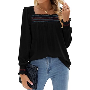 image:imageMicoson Womens Puff Long Sleeve Shirts Square Neck Floral Print Boho Blouses Smocked Cuff Tunic Tops