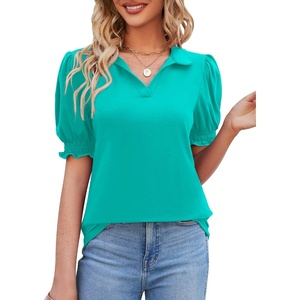image:imageMicoson Womens Puffy Short Sleeve Polo Tee Shirt Collared Tunic BlousesAqua