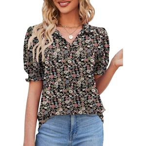 image:imageMicoson Womens Puffy Short Sleeve Polo Tee Shirt Collared Tunic BlousesArmy Green Floral