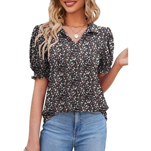 image:imageMicoson Womens Puffy Short Sleeve Polo Tee Shirt Collared Tunic BlousesBlack Floral
