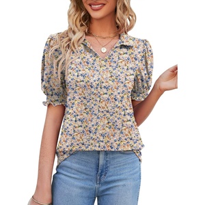 image:imageMicoson Womens Puffy Short Sleeve Polo Tee Shirt Collared Tunic BlousesPink Floral