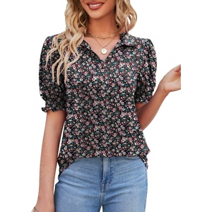 image:imageMicoson Womens Puffy Short Sleeve Polo Tee Shirt Collared Tunic BlousesRed Floral