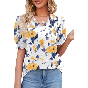 image:imageMicoson Womens Puffy Short Sleeve Polo Tee Shirt Collared Tunic BlousesWhite Yellow Floral