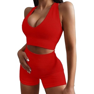 image:imageMicoson Womens Seamless Workout Sets Two Piece Exercise Outfits Ribbed Racerback Activewear Sets