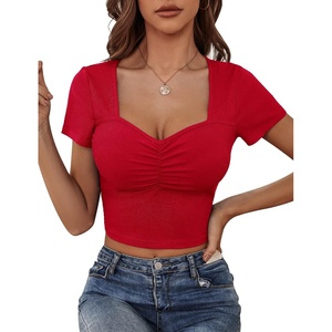 image:imageMicoson Womens Sexy Square Neck Crop Top Short Sleeve Sweetheart Neck Pleated Cute Summer Basic T Shirts Tee Red M