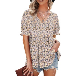 image:imageMicoson Womens Summer Puff Short Sleeve Tunic Tops Pleated V Neck T Shirts Casual Loose Fit Peplum Blouse