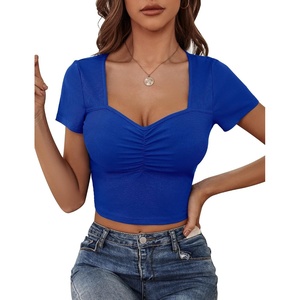 image:imageMicoson Womens Sweetheart Neck Short Sleeve Crop Top Slim Fit Low Cut Tops Cleavage Sexy Ruched Ribbed Summer T Shirts