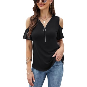 image:imageMicoson Womens Tops Cold Shoulder Tshirts Zipper Casual V Neck Tunics Blouse