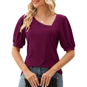 image:imageMicoson Womens Tshirts Short Puff Sleeve Asymmetrical V Neck Tops Dressy Casual Cute Summer Fuchsia Tunic Tshirts Purple Red L