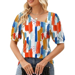 image:imageMicoson Womens Unique V Neck Tops Casual Puff Sleeve TShirt Summer Cute Tunic Bloluse Colorful Printed M