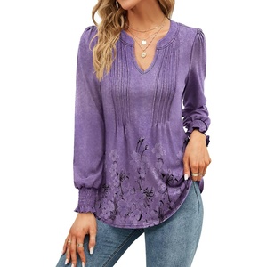 image:imageMicoson Womens V Neck Puff Short Sleeve Pleated T Shirts Fashion Summer Tops Casual Tunic BlouseLong Sleeve Floral Purple