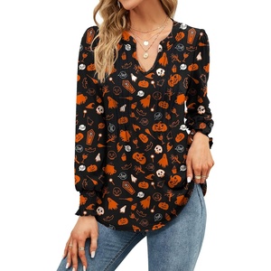 image:imageMicoson Womens V Neck Puff Short Sleeve Pleated T Shirts Fashion Summer Tops Casual Tunic BlouseZ3 Halloween Pumpkin