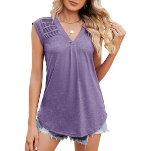 image:imageMicoson Womens V Neck Sleeveless Tank Tops Summer Pleated Shirts Cap Sleeve Top Loose Fit Casual Work Tunic Blouse