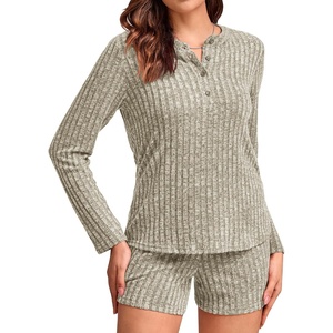 image:imageWomens 2 Piece Lounge Pajama Set Fleece Long Sleeve Knit Sweater Pj Shorts Matching Set Loungewear with Pockets White M